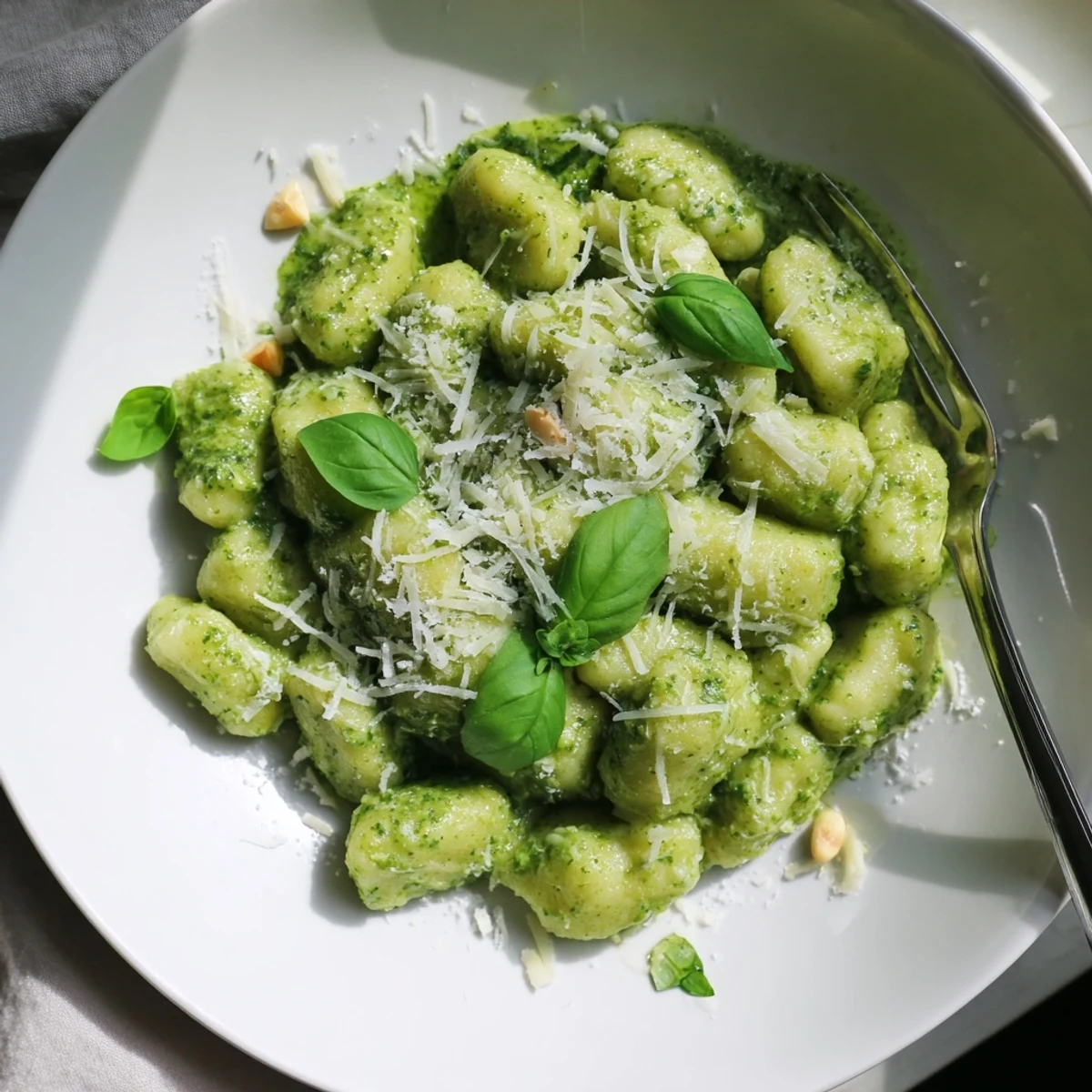 Quick easy pesto gnocchi plated in creamy green sauce with parmesan sprinkles