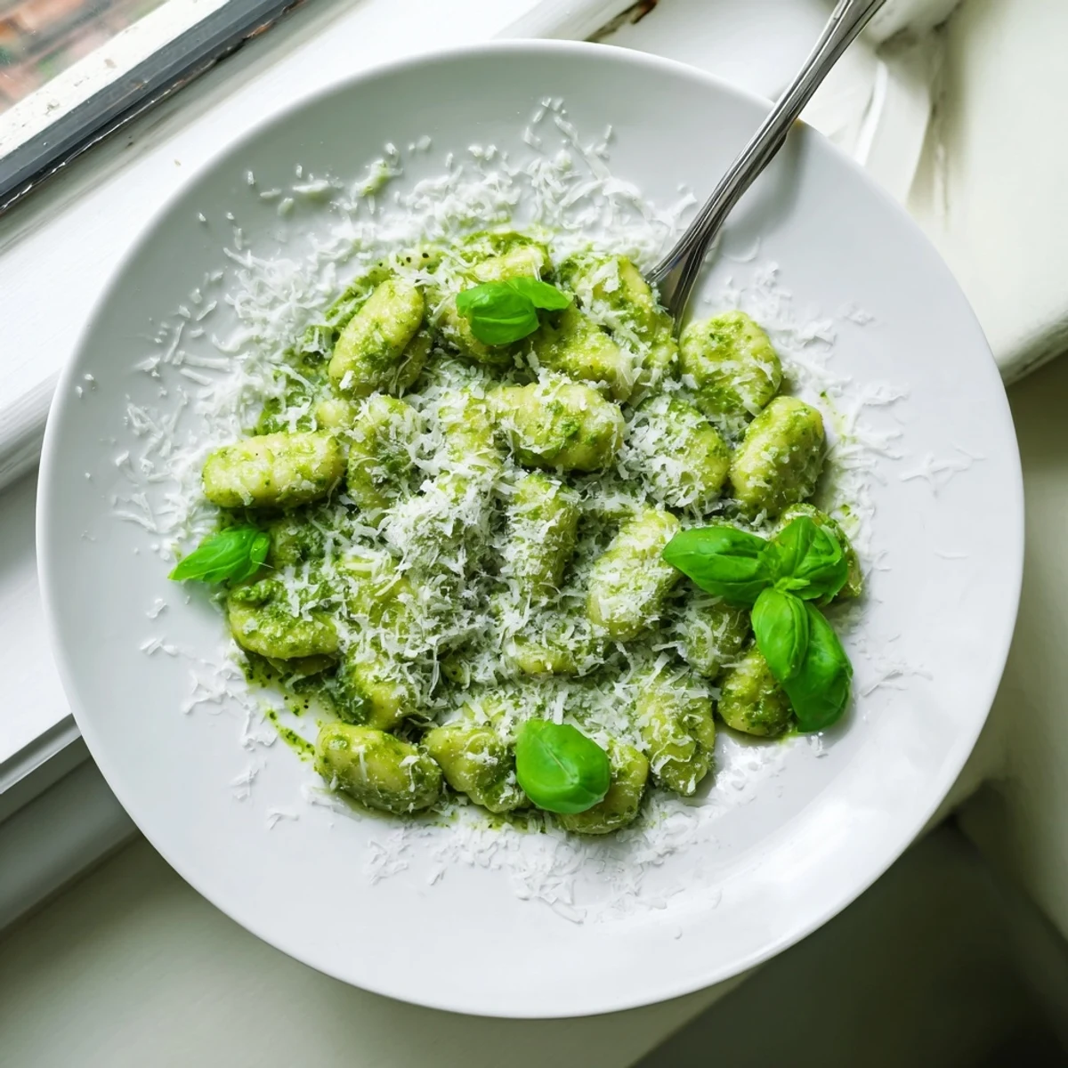 Tender gnocchi tossed in fresh homemade pesto topped with extra basil and cheese