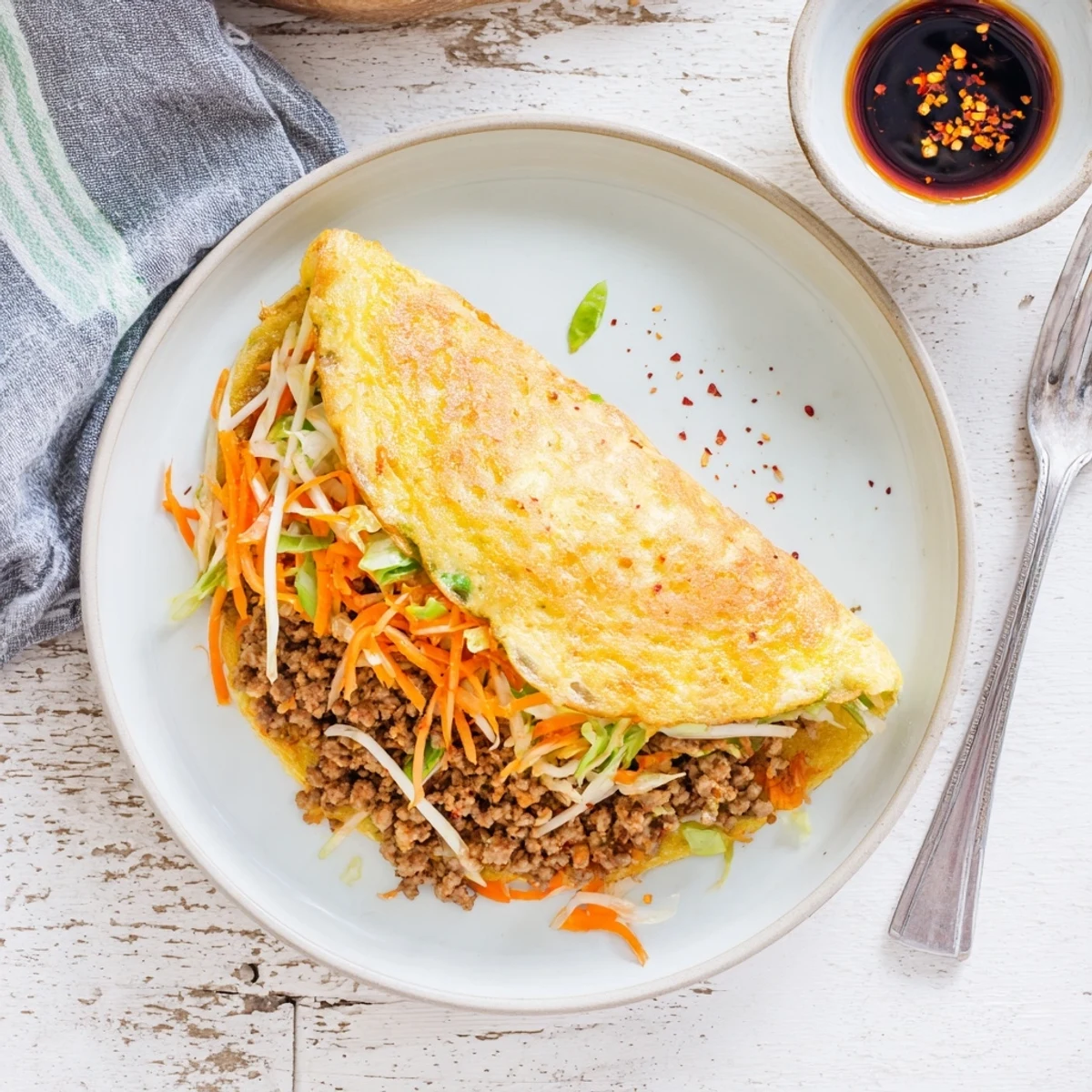 Folded pancake revealing fluffy eggs and savory pork filling inside this Chinese breakfast street food classic