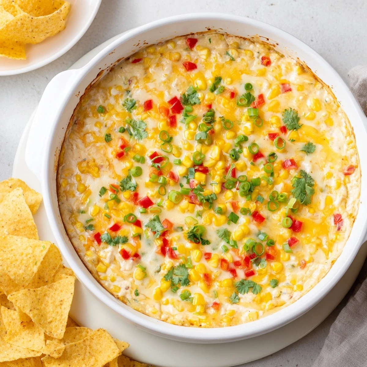 Creamy corn dip appetizer topped with fresh cilantro and served with crispy tortilla chips for party snacking