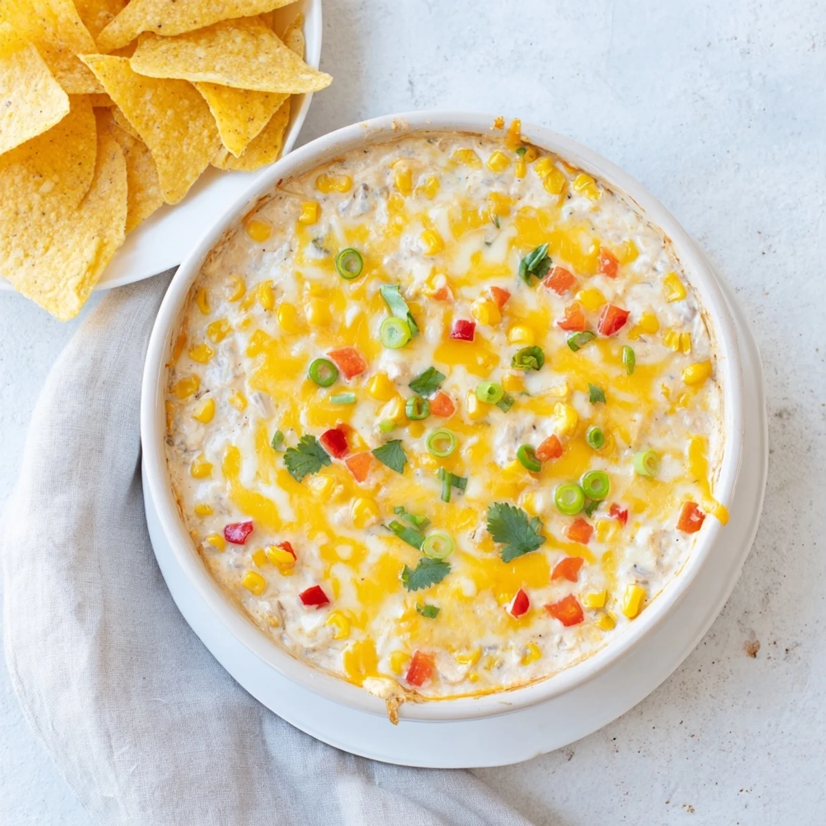 Savory hot corn dip with red bell peppers and green onions, fresh from the oven and ready to serve