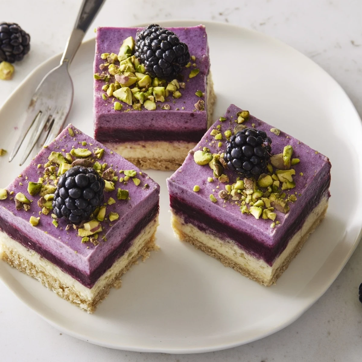 Square slice of Blackberry Pistachio Dream Bars showing vibrant berry compote between nutty shortbread base and smooth cream cheese layer