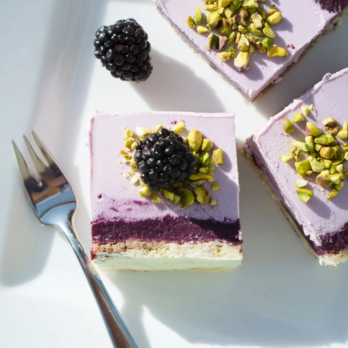 Chilled Blackberry Pistachio Dream Bars garnished with fresh whole berries and chopped pistachios on a white serving plate