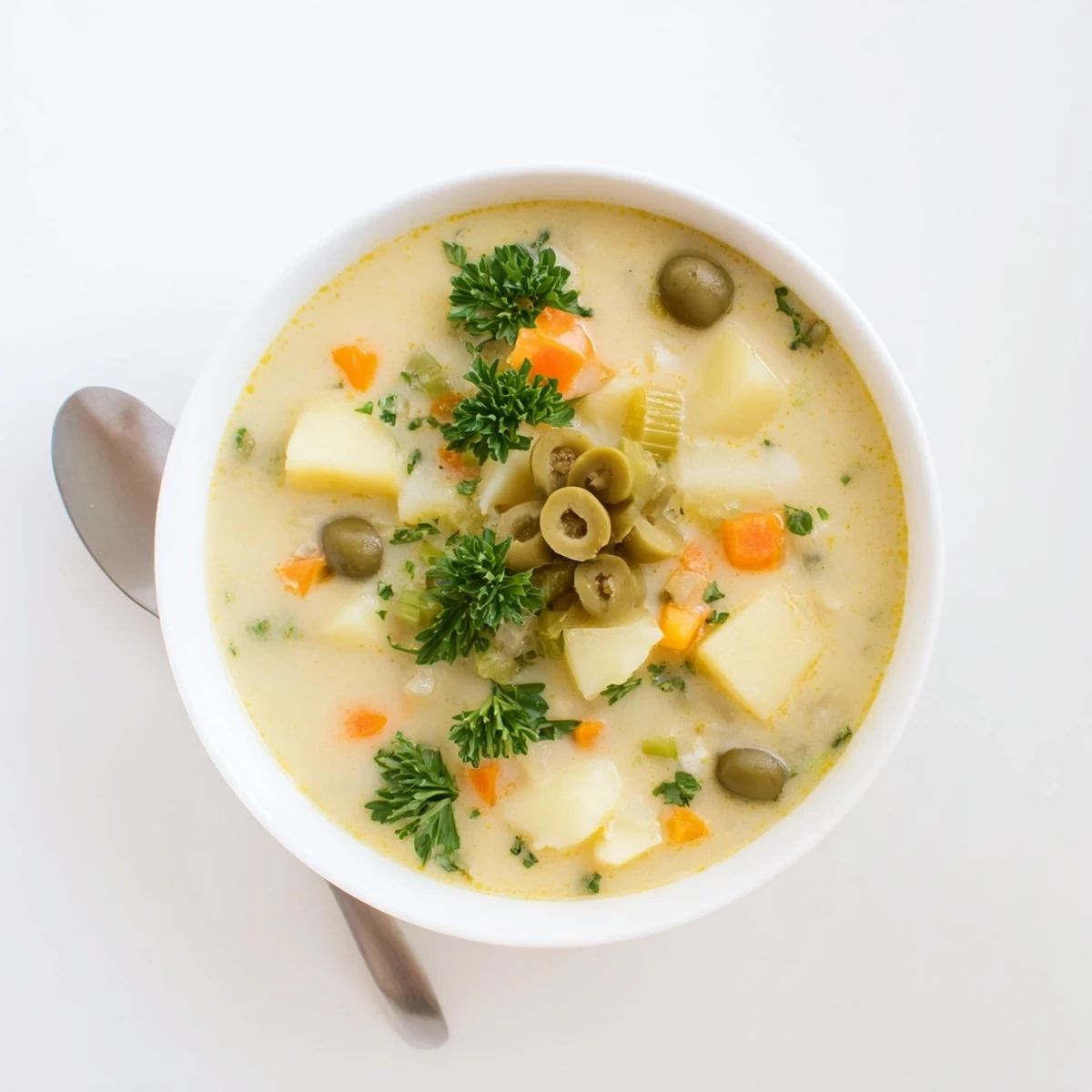 Vibrant Mediterranean green olive soup with crusty bread on wooden table