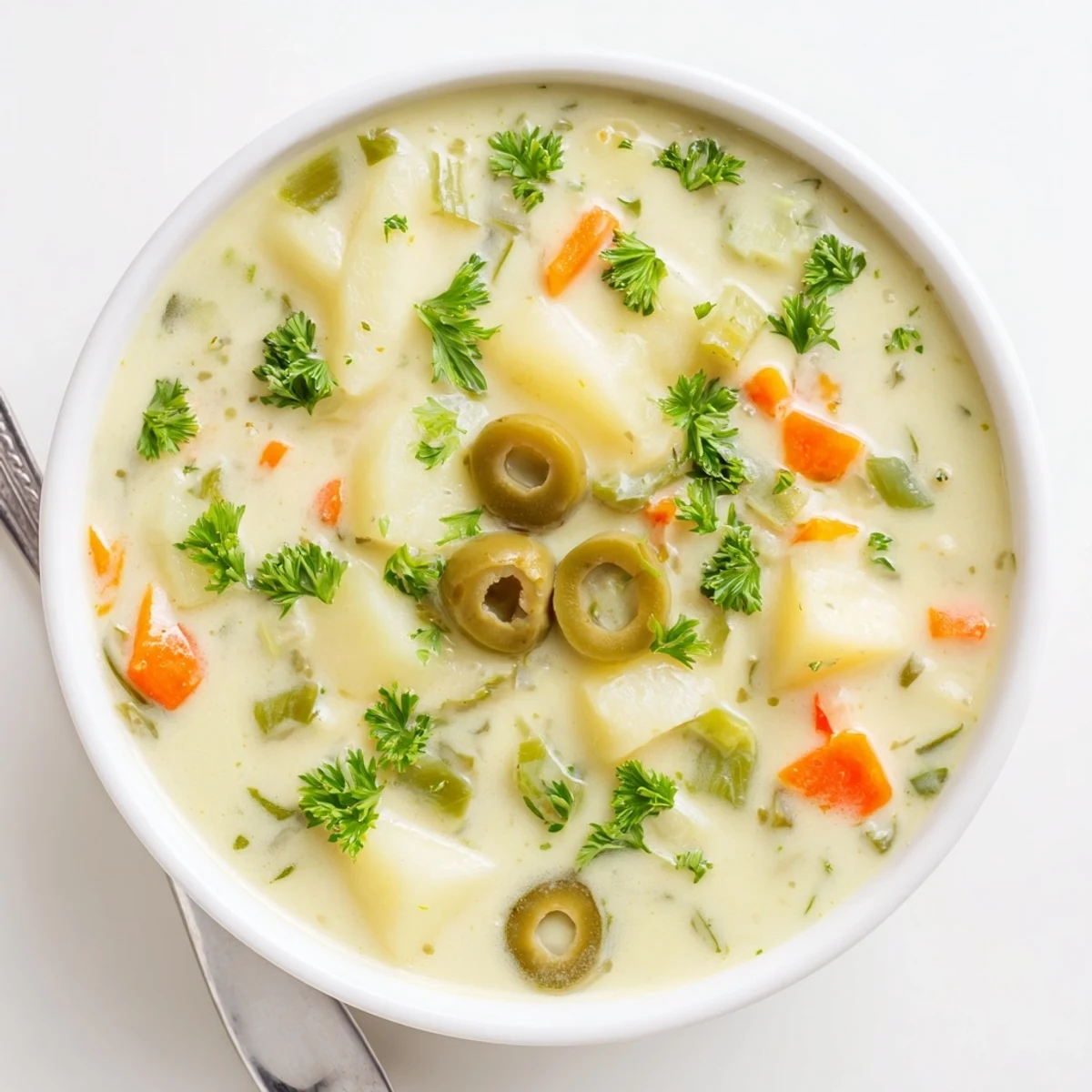 Creamy green olive soup garnished with fresh parsley in a white bowl