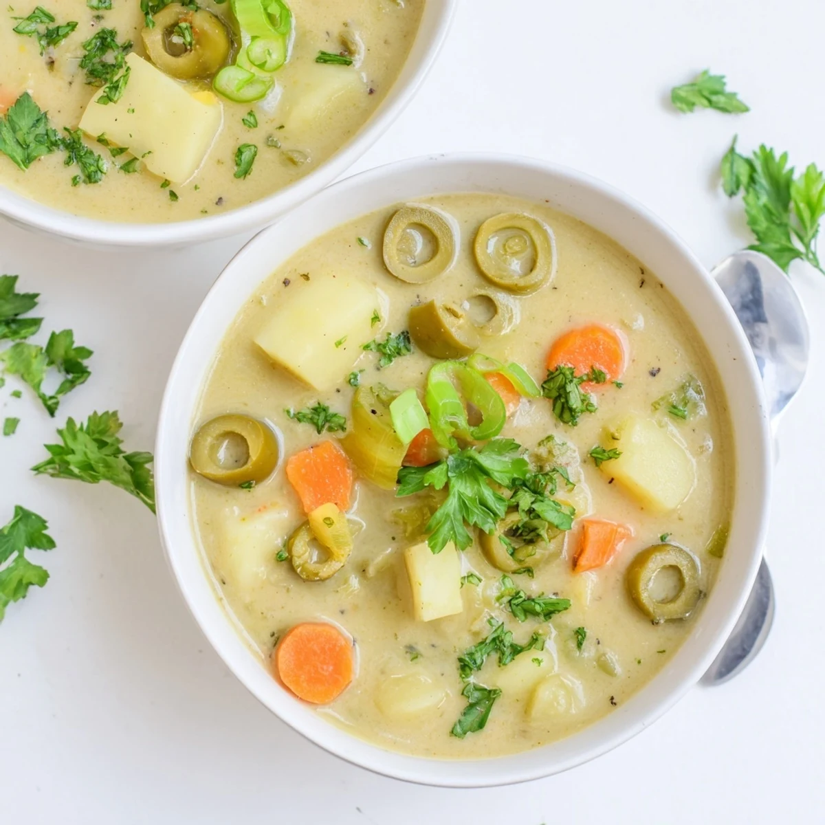 Golden green olive soup plated with extra olives and fresh herbs