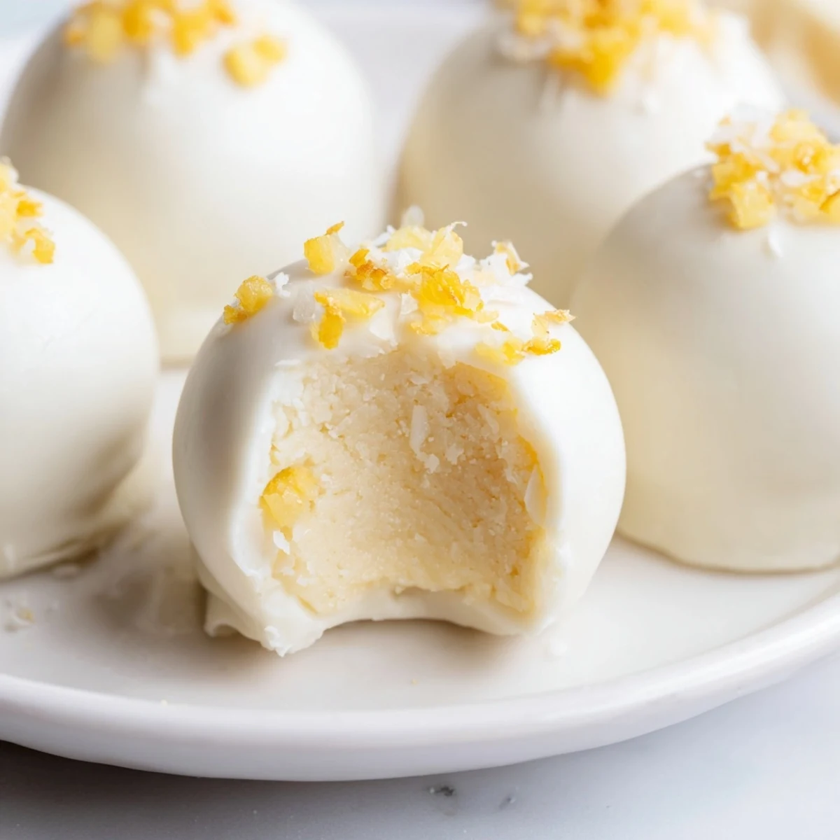 White chocolate dipped mango truffles arranged elegantly on parchment paper with colorful toppings