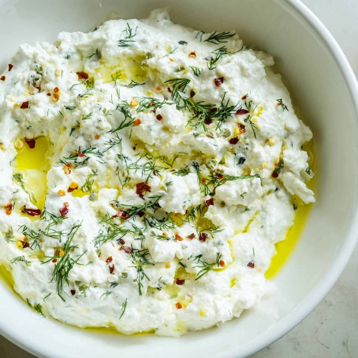 Creamy classic feta dip topped with olive oil, fresh herbs, and chili flakes