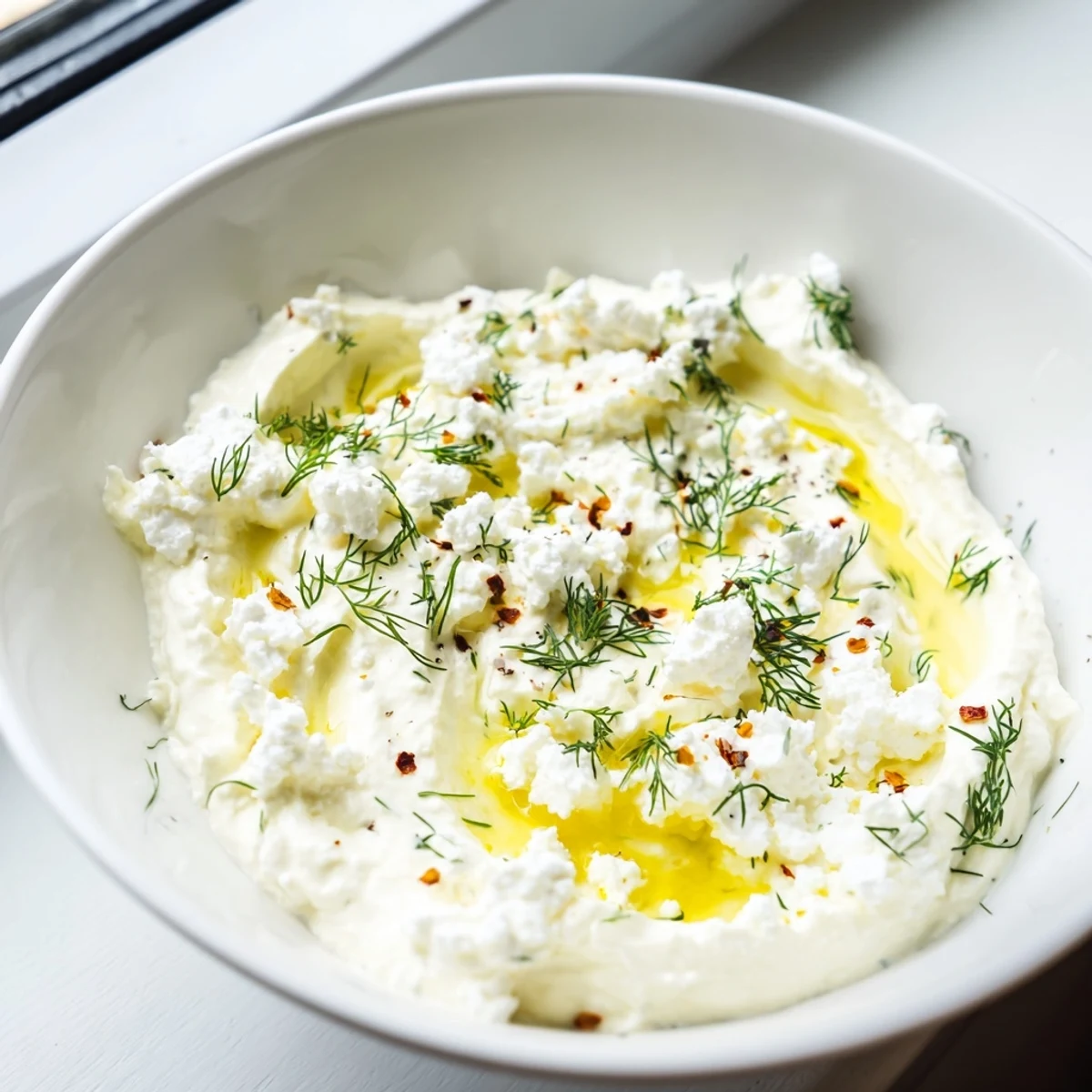 Rich and tangy classic feta dip garnished with crumbled cheese and dill in serving bowl