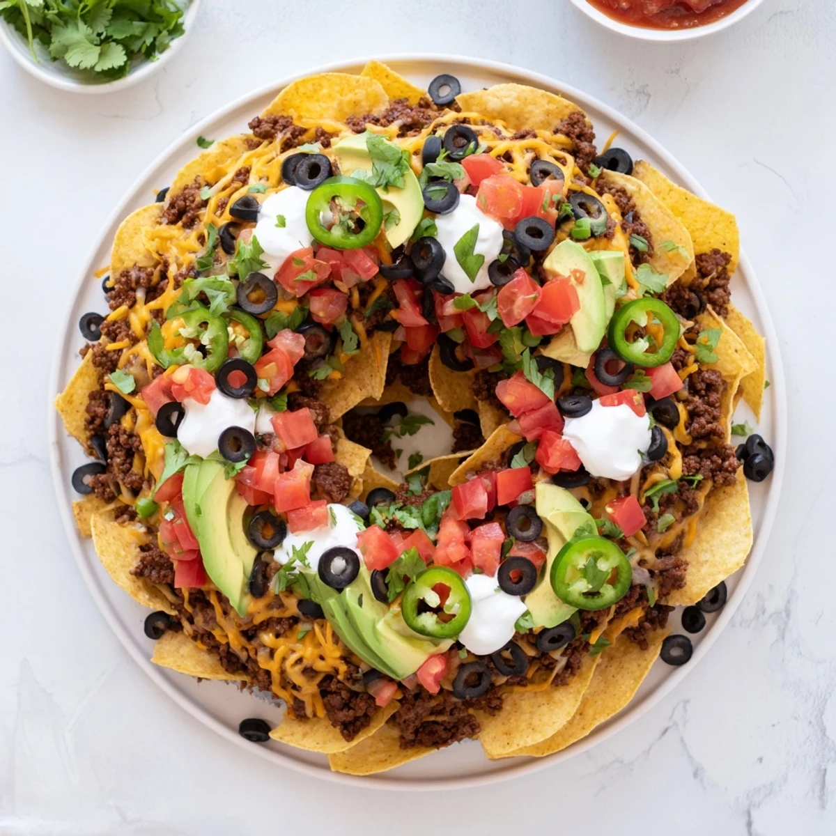 Golden Bundt Pan Nachos topped with melted cheese, seasoned beef, and colorful fresh vegetables