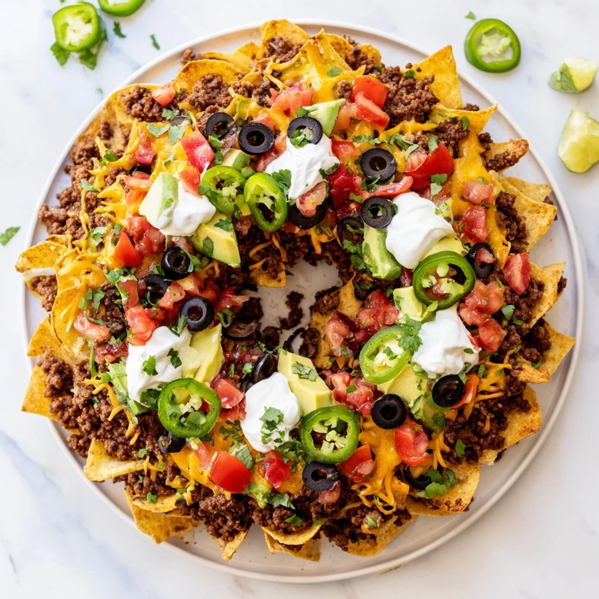 Circular tower of tortilla chips layered with spiced ground beef and bubbly cheddar monterey jack cheese