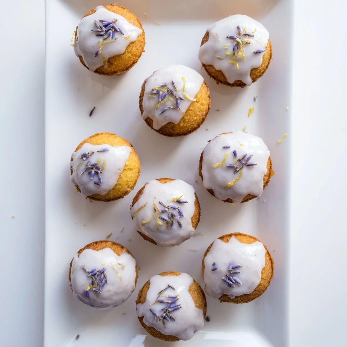 Small lemon desserts topped with fragrant lavender icing and garnished with fresh lemon zest