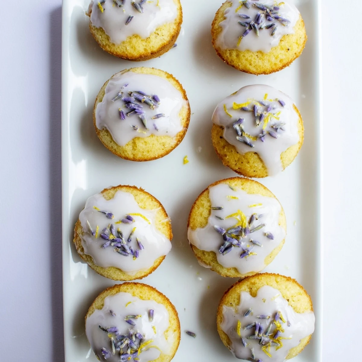 Moist lemon mini cakes with smooth lavender glaze arranged on a decorative cake stand