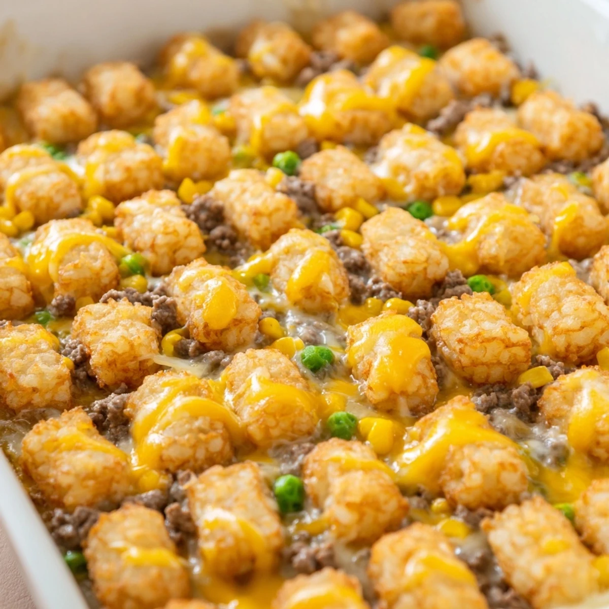 Golden crispy tater tot casserole with savory ground beef and melted cheddar cheese bubbling in a baking dish