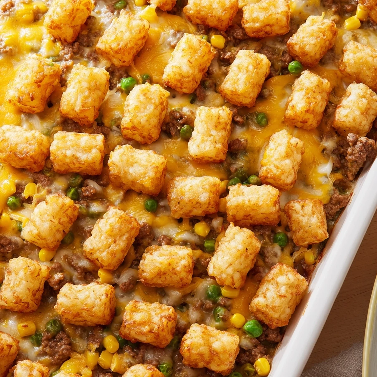 Comforting Midwest tater tot casserole featuring creamy mushroom sauce sweet corn and a perfectly browned crispy tot topping
