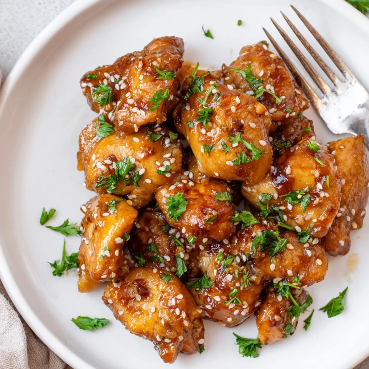Golden glazed honey garlic chicken thighs nestled beside crispy roasted sweet potato cubes on a white baking sheet