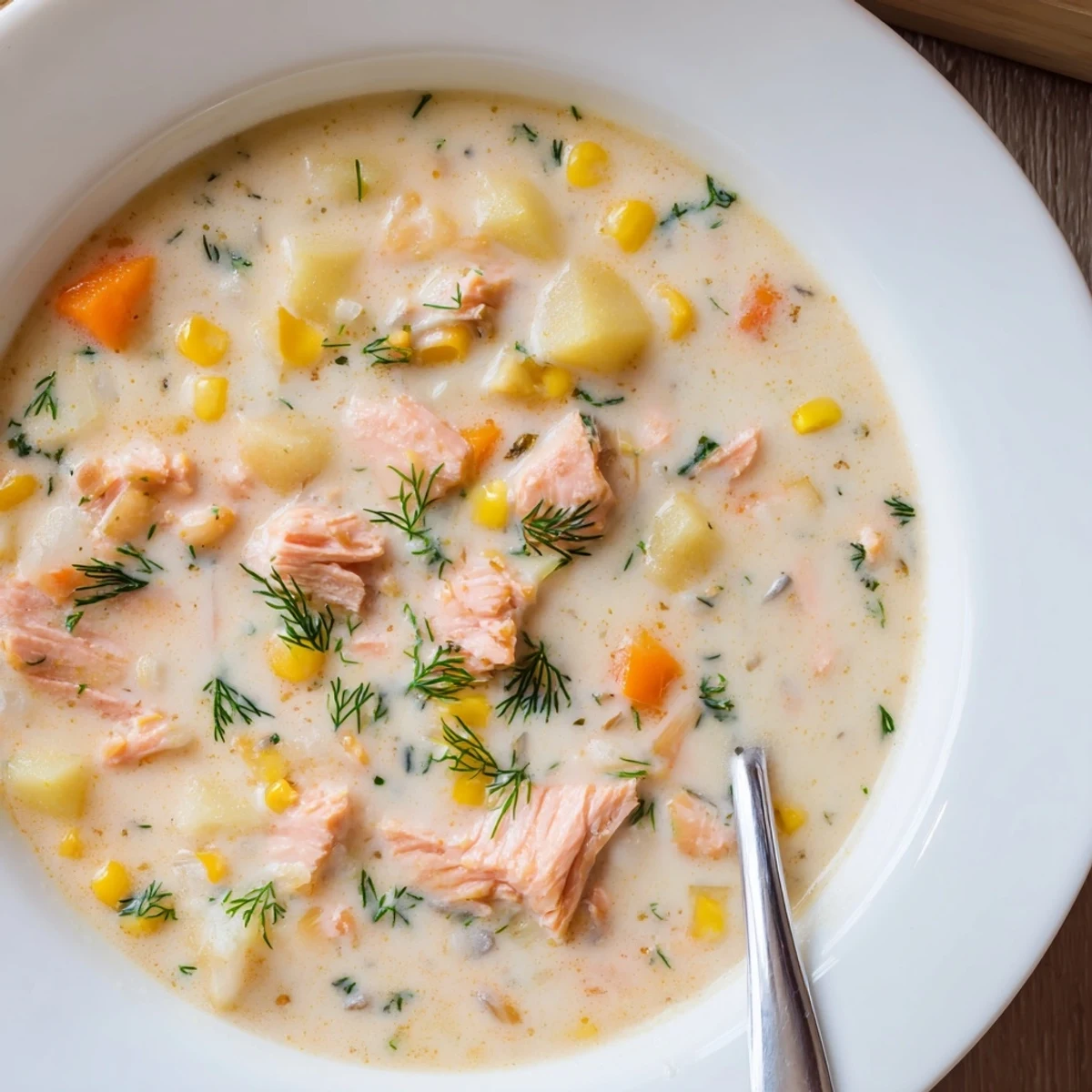 Creamy smoked salmon chowder with tender potatoes and corn in a white bowl