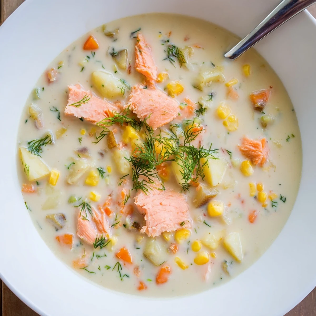 Spoonful of rich smoked salmon chowder with chunks of fish and vegetables