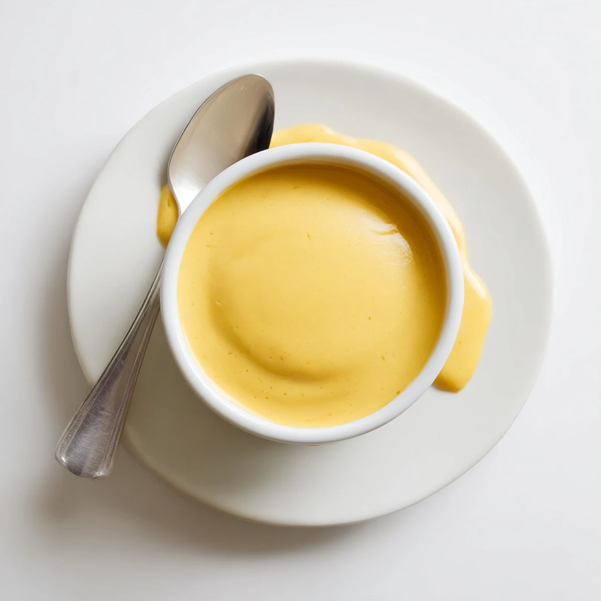 Golden homemade cheese sauce for fries draped over crispy golden potato wedges on a white plate