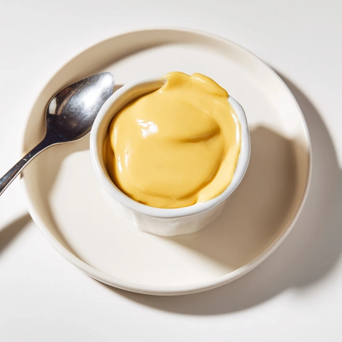 Creamy cheddar cheese sauce for fries bubbling in a small glass bowl beside scattered potato fries
