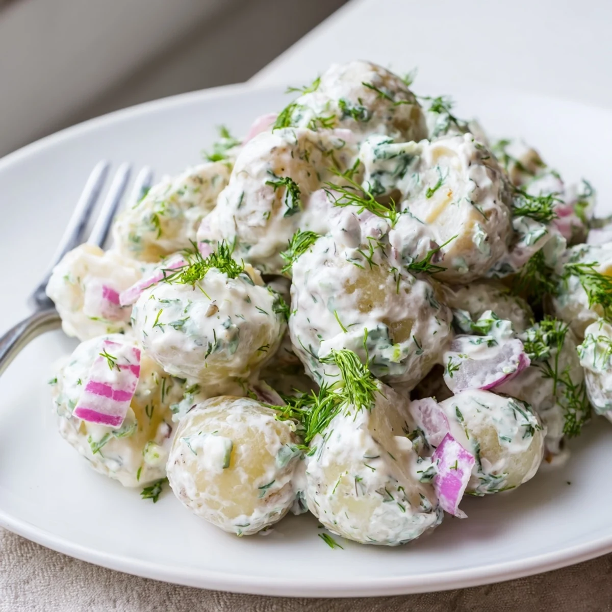 Creamy Greek yogurt potato salad with tender potatoes, crisp celery, red onion, and fresh dill