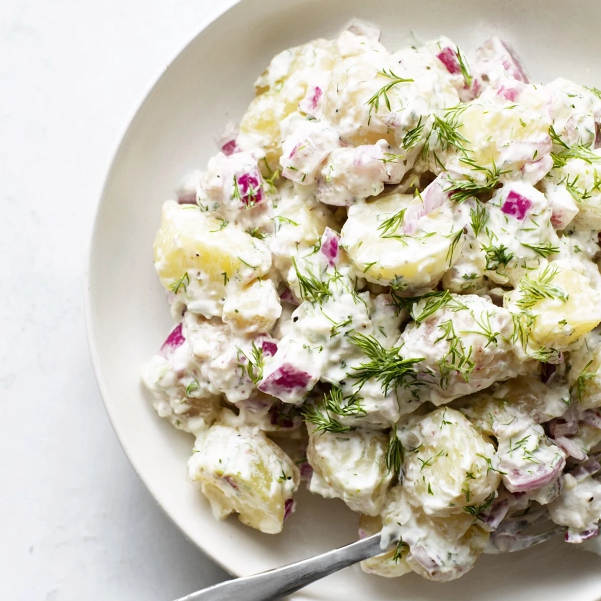 Golden potato pieces coated in Greek yogurt dressing with crunchy vegetables and green herbs
