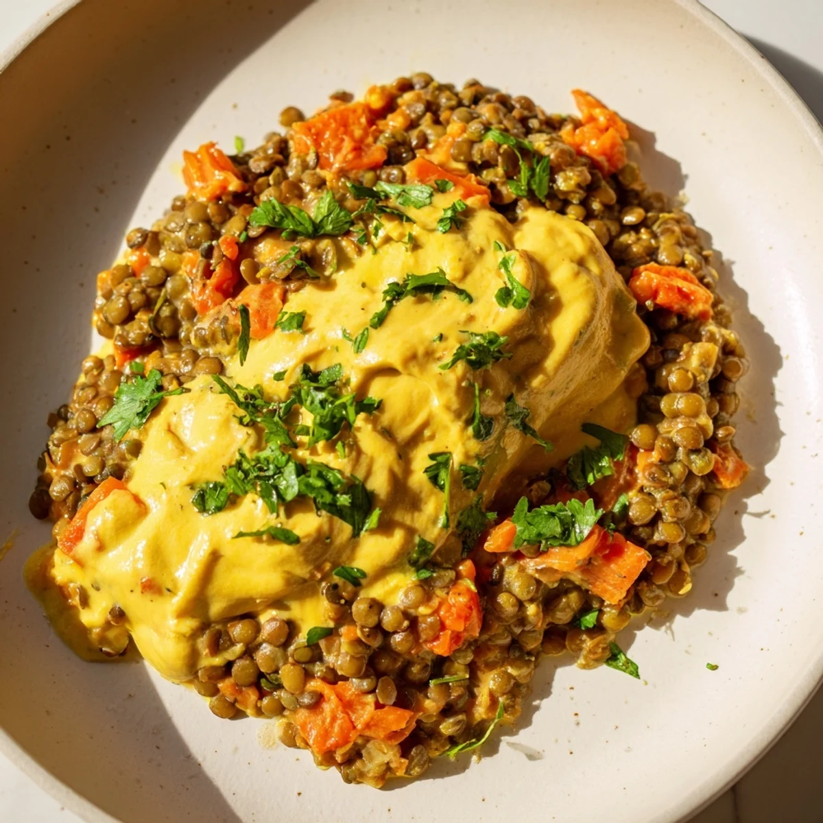 Creamy Greek yogurt lentil curry garnished with fresh cilantro and served over fluffy white rice
