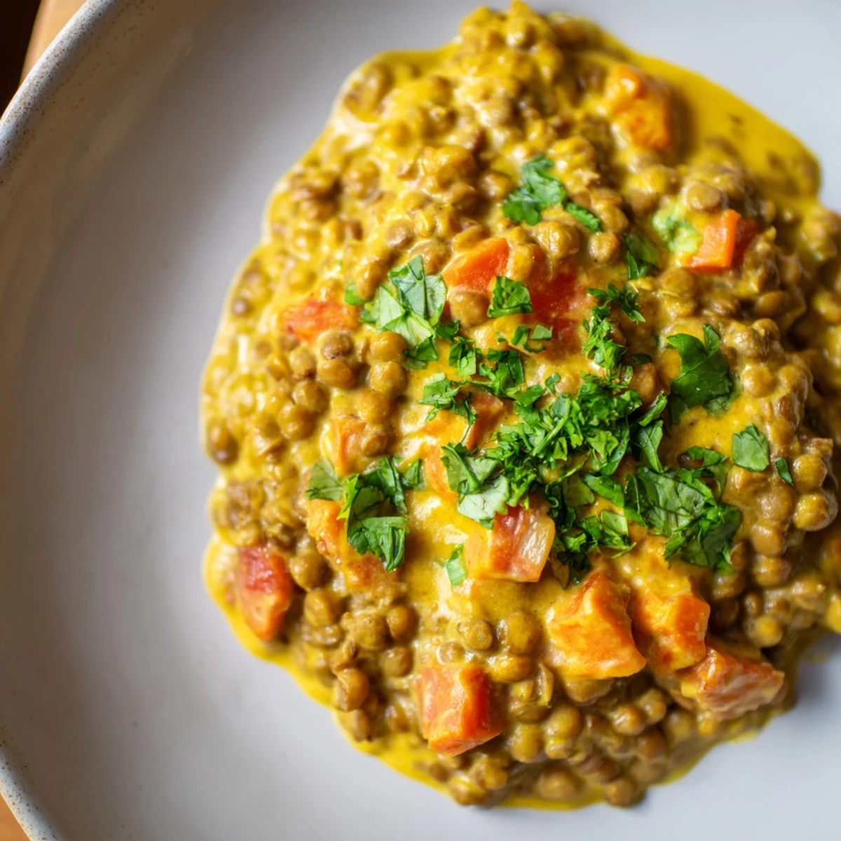 Golden bowl of protein-packed Greek yogurt lentil curry with vibrant diced tomatoes and aromatic spices
