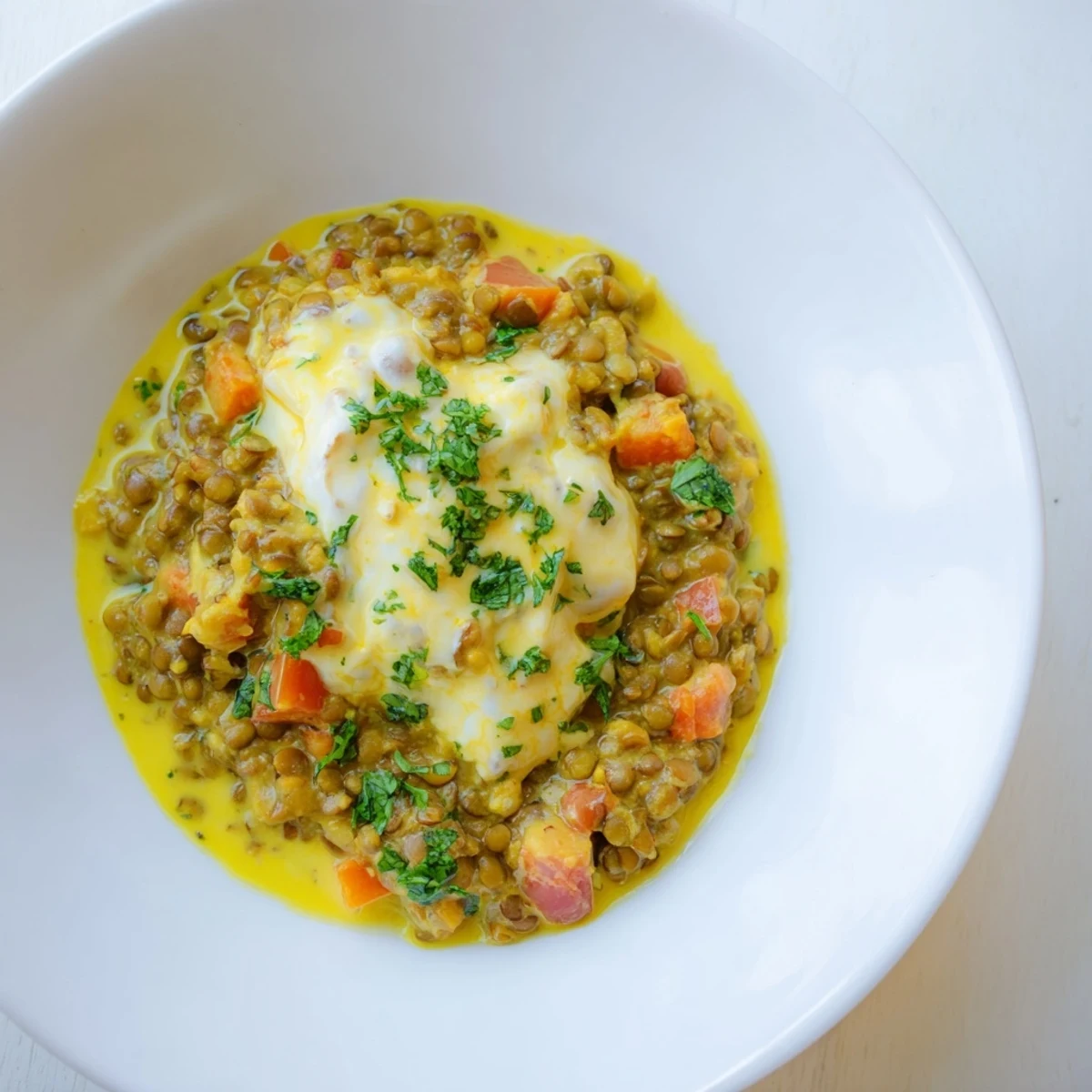 Rich and tangy Greek yogurt lentil curry in a white bowl topped with green cilantro sprigs