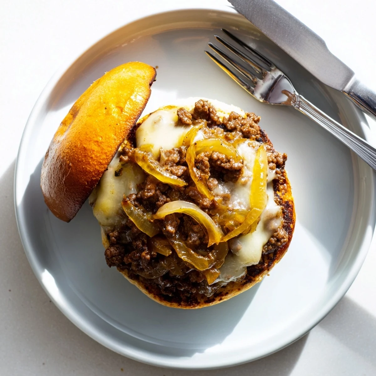 French Onion Beef Sloppy Jores served on toasted brioche buns with melted provolone cheese and caramelized onions