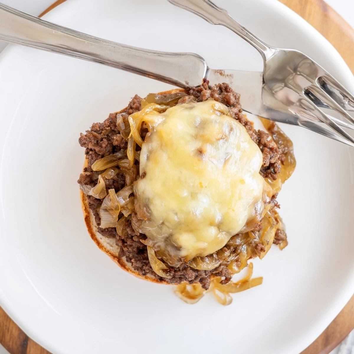 Savory beef and onion sloppy joe mixture piled high on golden buns with bubbly melted cheese topping
