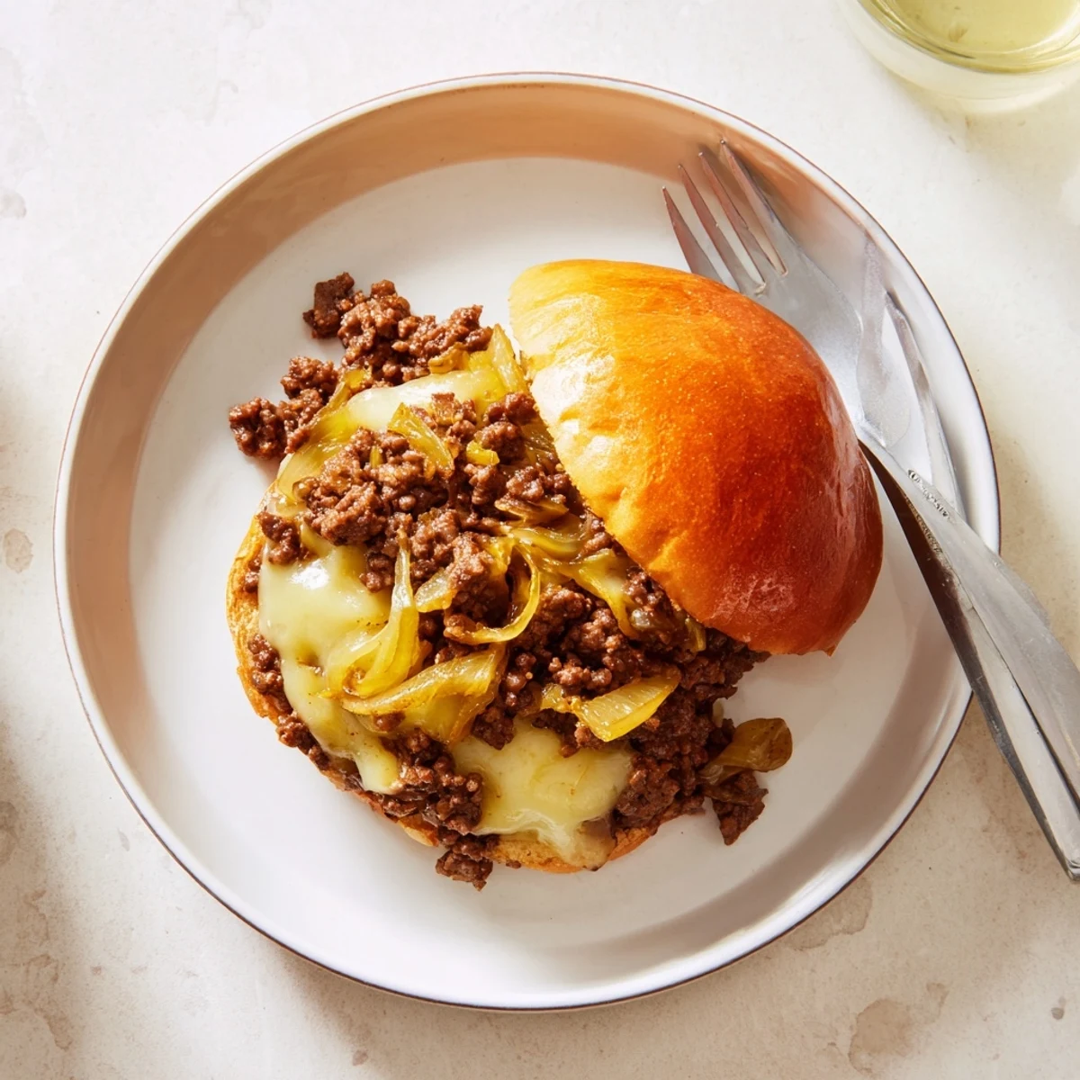 Rich sloppy joe sandwich featuring caramelized onions ground beef and melted Swiss cheese on a toasted bun
