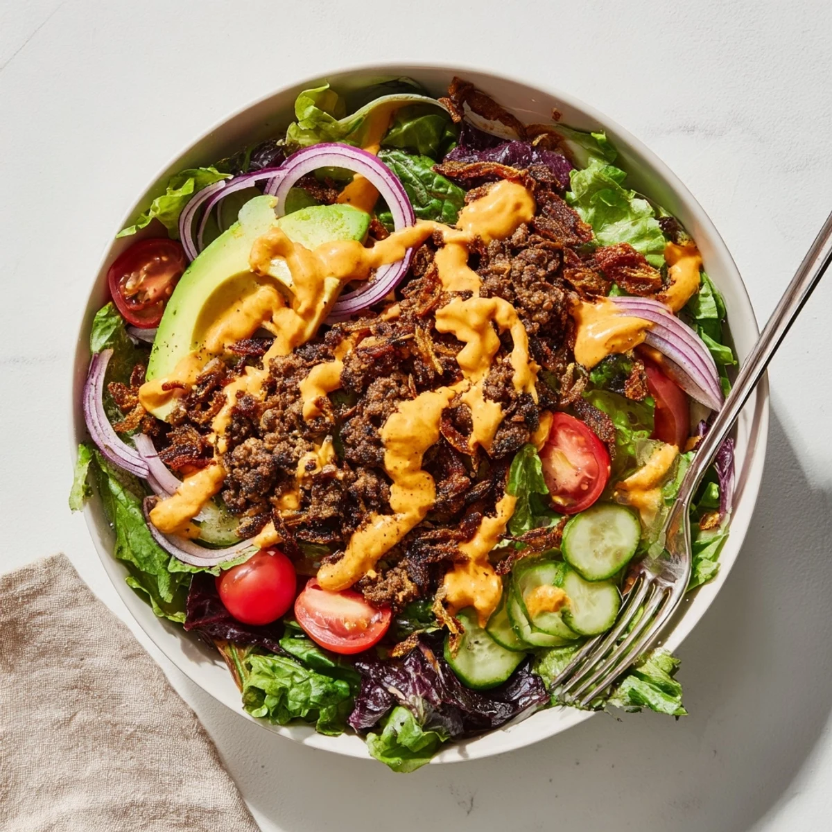 Low-carb smash burger bowl featuring juicy beef crumbles, tangy pickles, melted cheddar, and ripe avocado slices