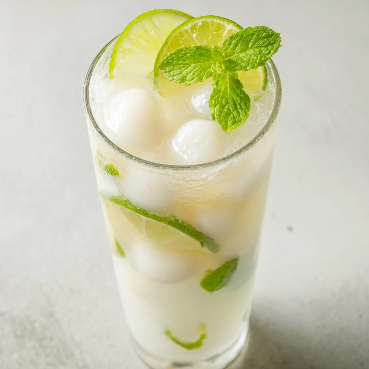 Vegan Coconut Lychee Iced Drink with frothy white coconut milk layered over crushed ice in clear glasses