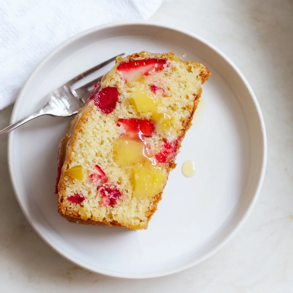 Golden loaf of strawberry pineapple pound cake with juicy red fruit chunks visible in each tender slice