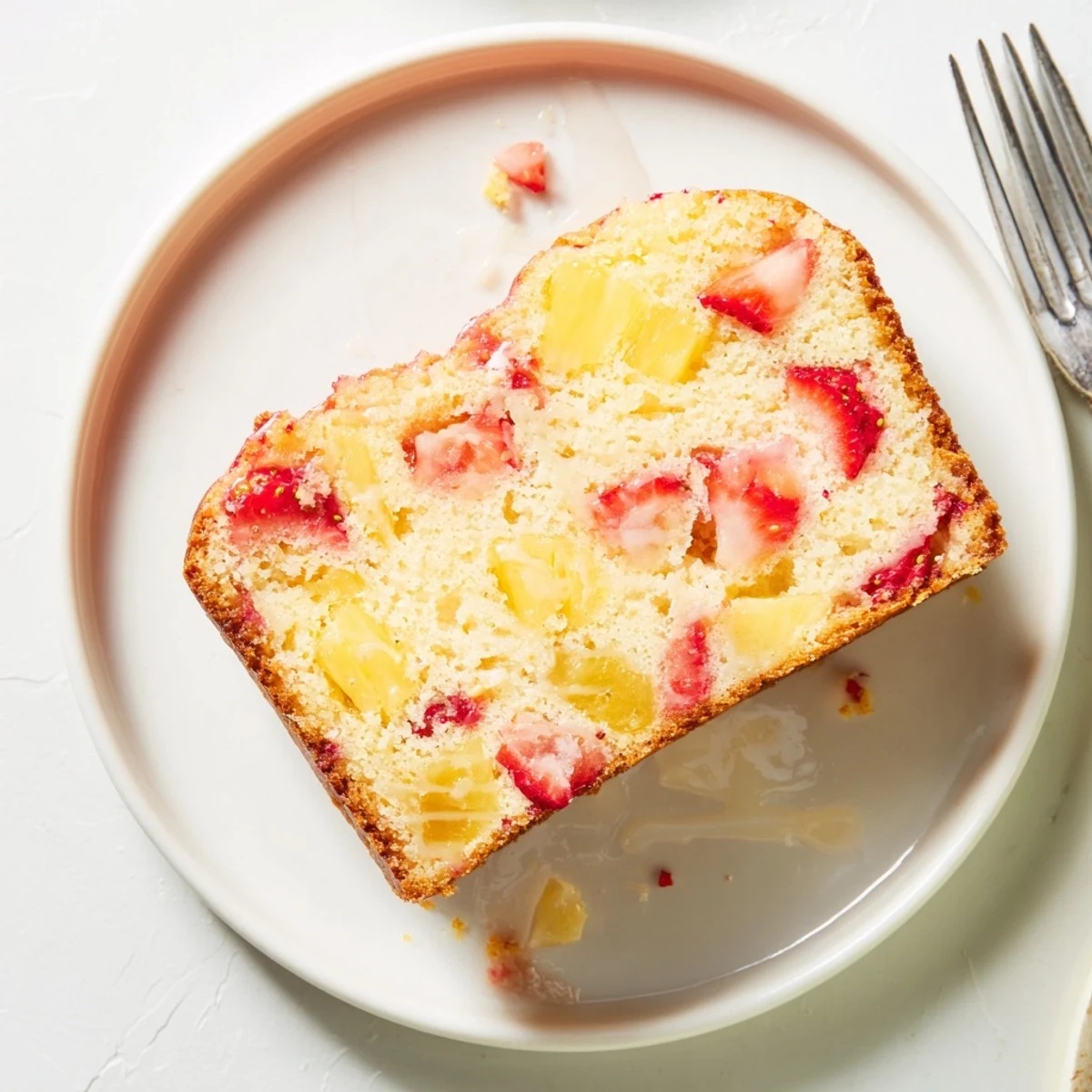 Fresh strawberry pineapple pound cake slices arranged on a wooden board with whipped cream