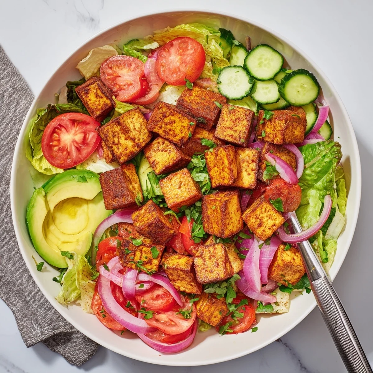 Vibrant summer salad bowl featuring spiced tofu, fresh vegetables, and tangy lemon dressing