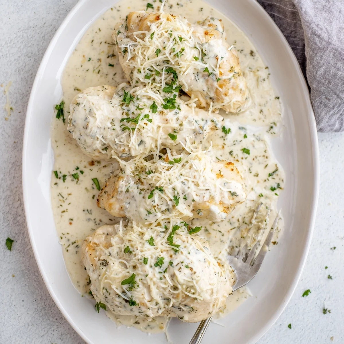 Golden brown baked chicken breast with melted mozzarella and creamy Caesar Parmesan sauce