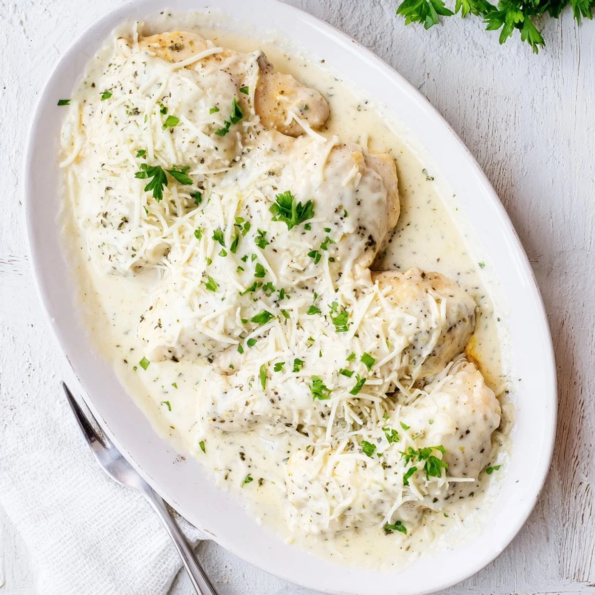 Tender juicy chicken topped with bubbly cheese and rich Caesar dressing baked to perfection