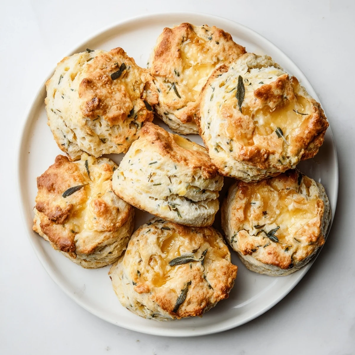 Warm flaky biscuits piled on a wooden board with melted cheese and fresh sage garnish