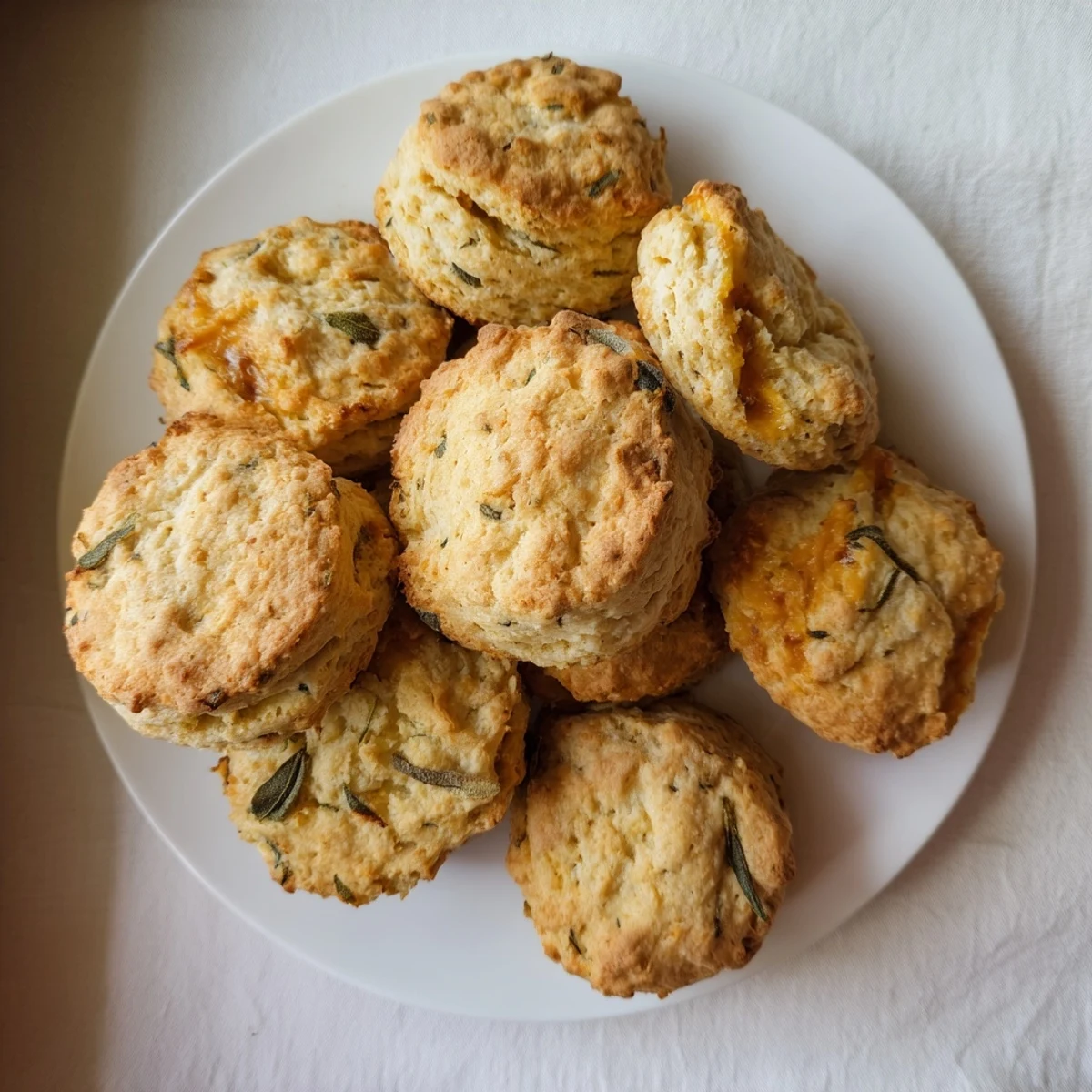 Golden brown sage and Gruyere biscuits fresh from the oven with visible flecks of herbs
