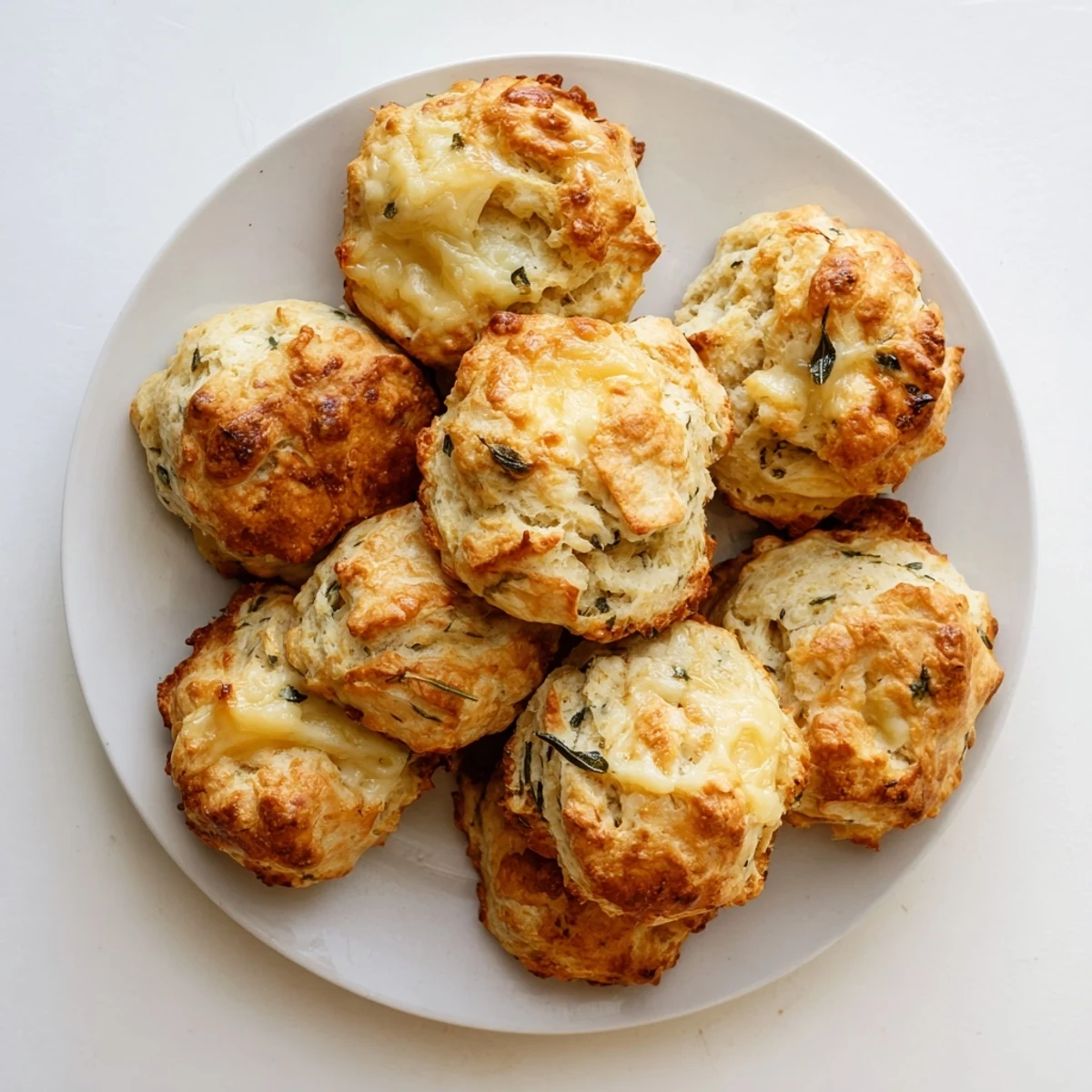 Buttery homemade sage and Gruyere biscuits stacked on a serving plate with melting cheese centers