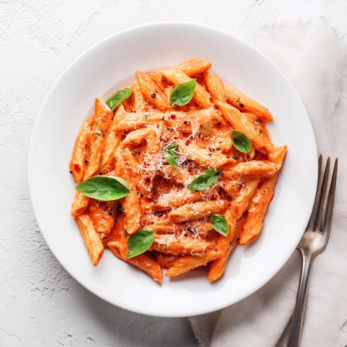 Steaming bowl of creamy tomato garlic pasta coated in rich Parmesan cream sauce
