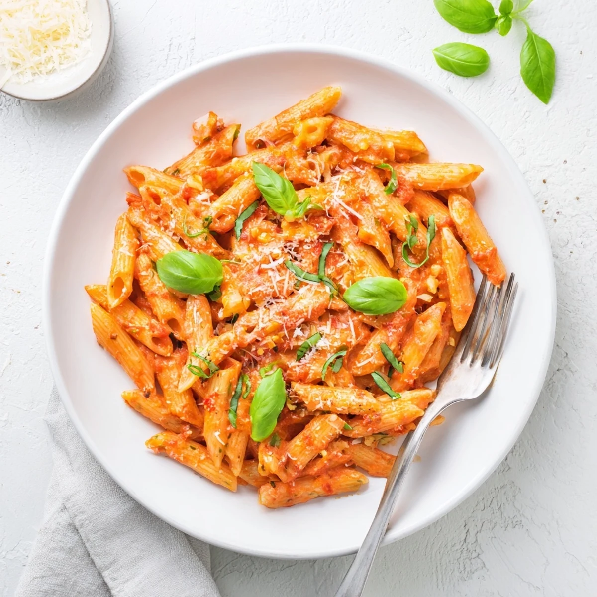Golden creamy tomato garlic pasta tossed in velvety red sauce with fresh basil