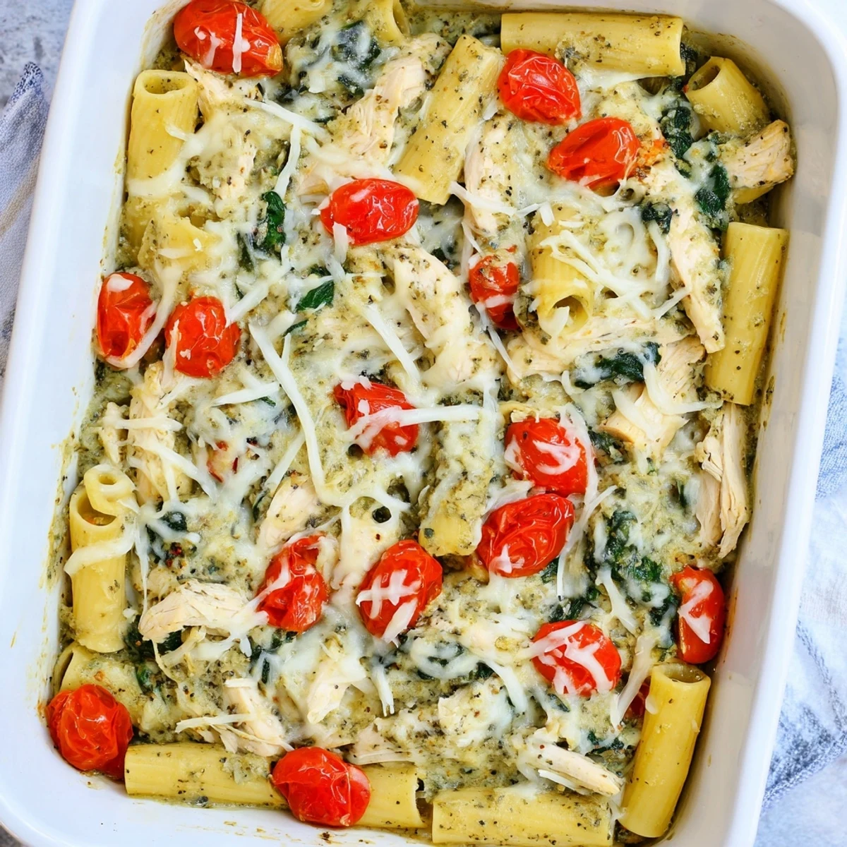 Golden brown creamy pesto chicken pasta bake topped with melted mozzarella cheese