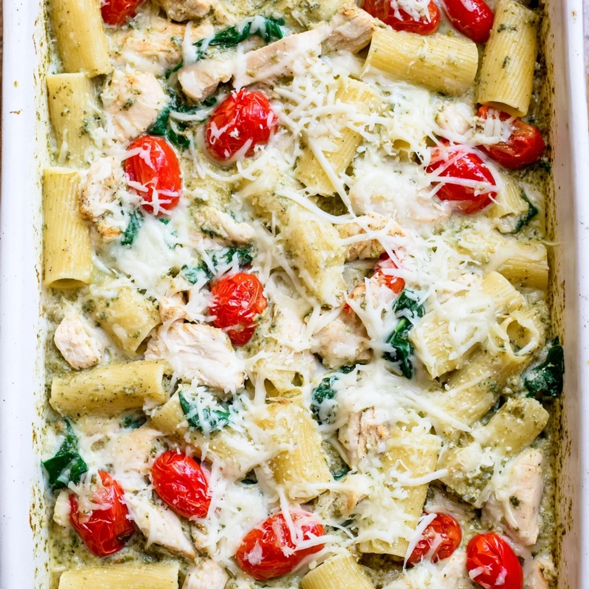 Oven-baked penne with tender chicken chunks in rich basil pesto cream sauce