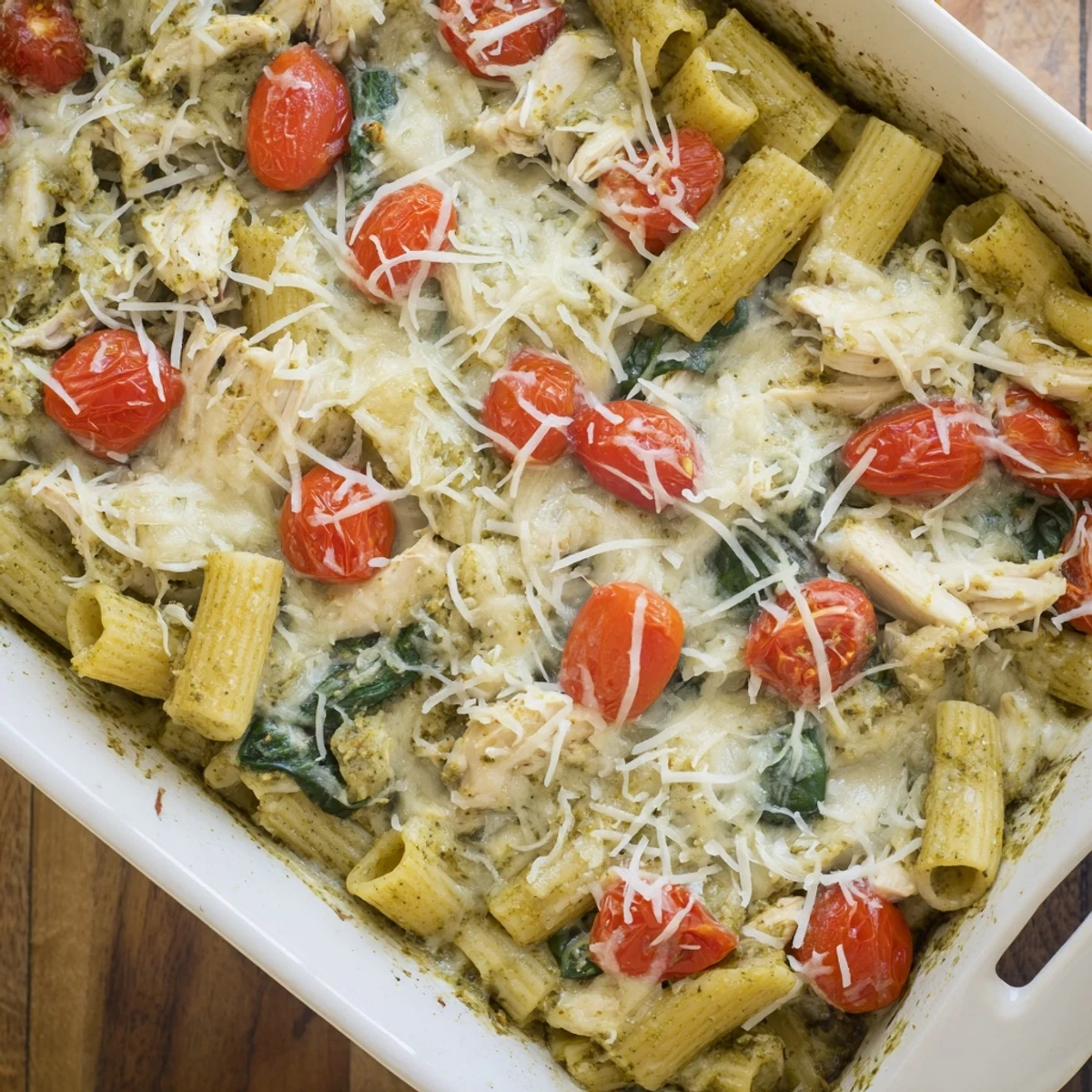 Bubbling cheese-topped pasta dish featuring chicken pesto bake with fresh tomato garnish