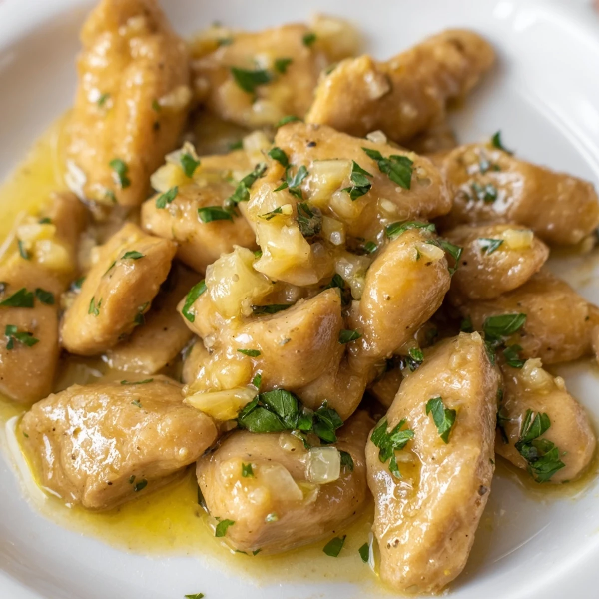 Golden brown garlic butter chicken crockpot dish garnished with fresh parsley and lemon wedges