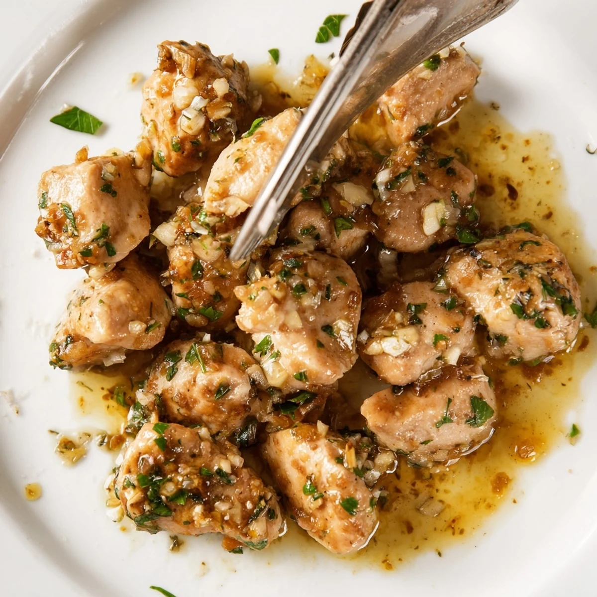 Tender slow cooked chicken breasts swimming in rich garlic butter sauce with herbs
