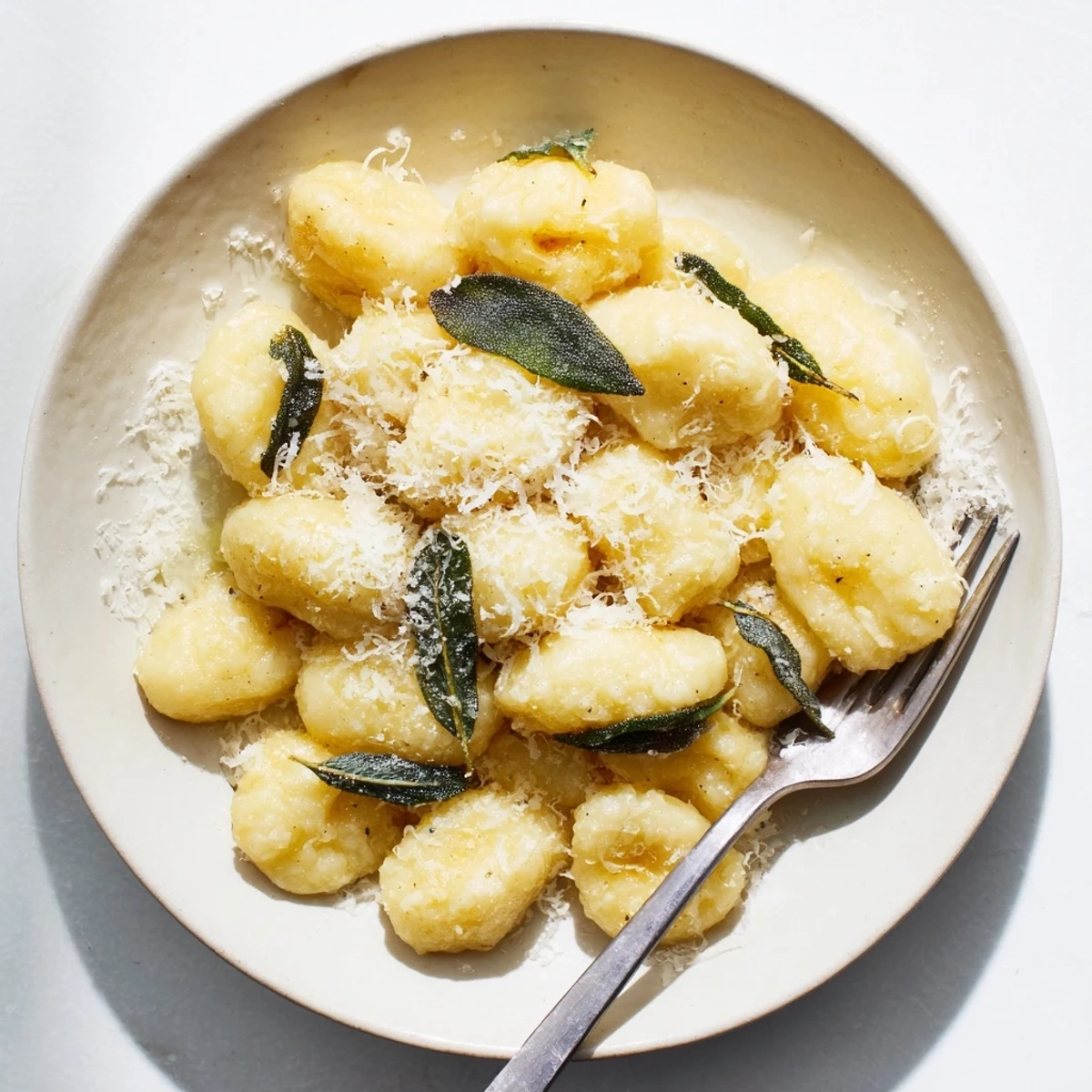 Golden brown butter sage gnocchi plated with crispy sage leaves and grated Parmesan